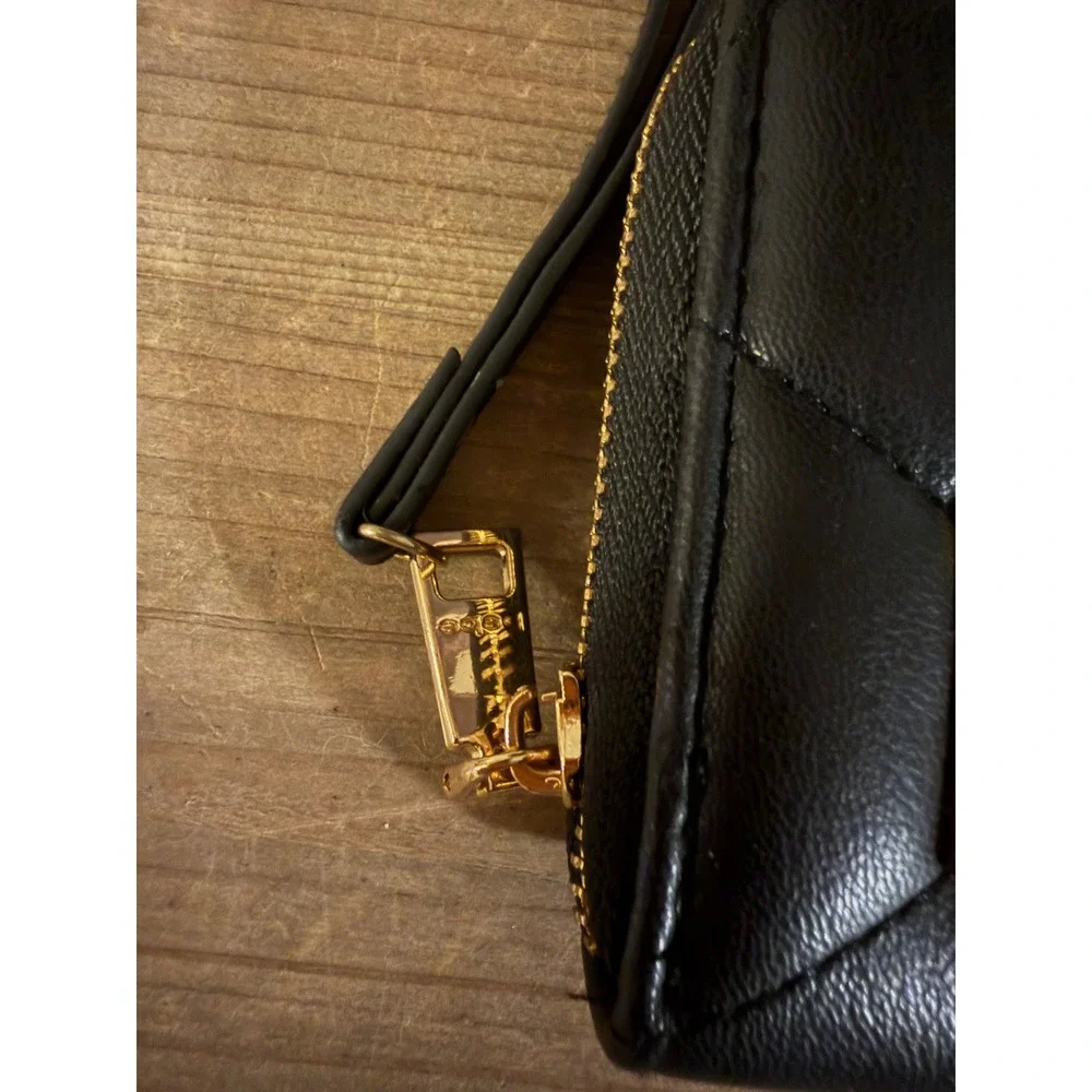 Bebe Black Quilted Rhinestone Logo Zip Around Wristlet Wallet‎ Organizer